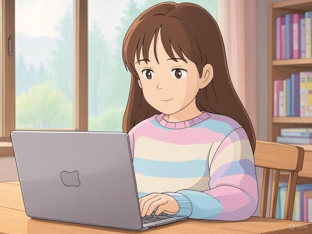 A young girl with long brown hair, wearing a pastel striped sweater, sits at a wooden table in a cozy room with large windows and bookshelves. She is typing on a laptop that displays the text "SEO for ASI Digital Marketing" on the screen, set against a serene background of greenery visible through the window.